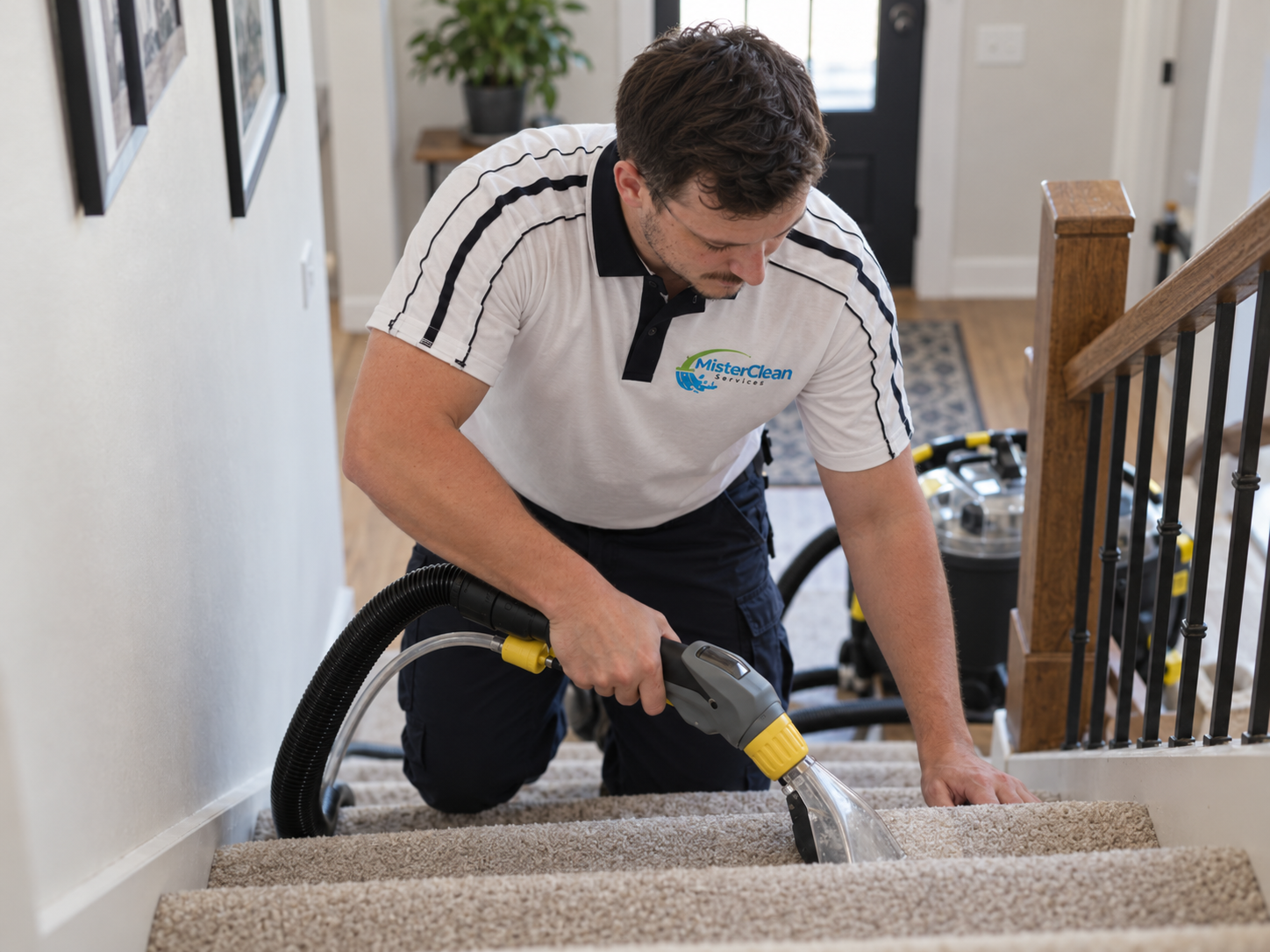 MisterClean manager professionally cleaning carpeted stairs